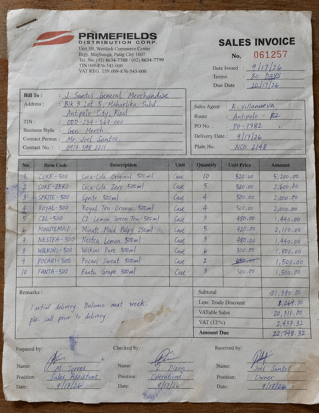 Sample handwritten sales invoice used in the KLARO demo